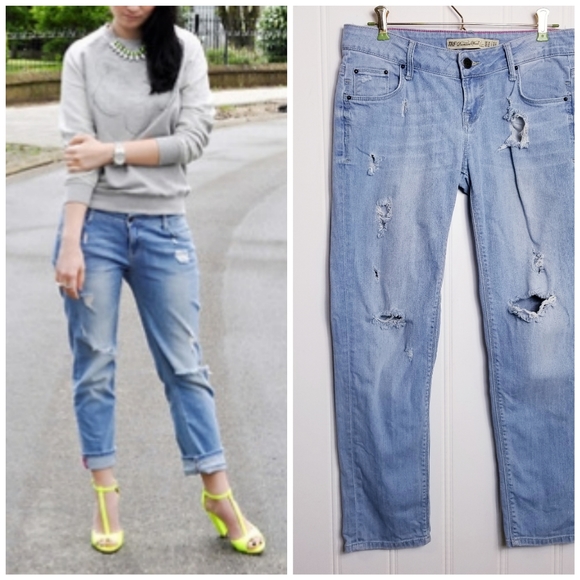 Zara Denim - Zara Distressed Boyfriend Jeans, Light Blue Wash, Women's Straight Tapered
